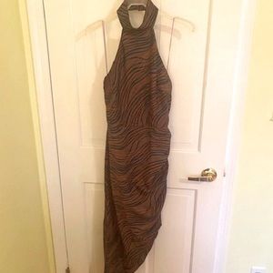 Asymmetrical Mock Neck Halter Ruched Midi Dress